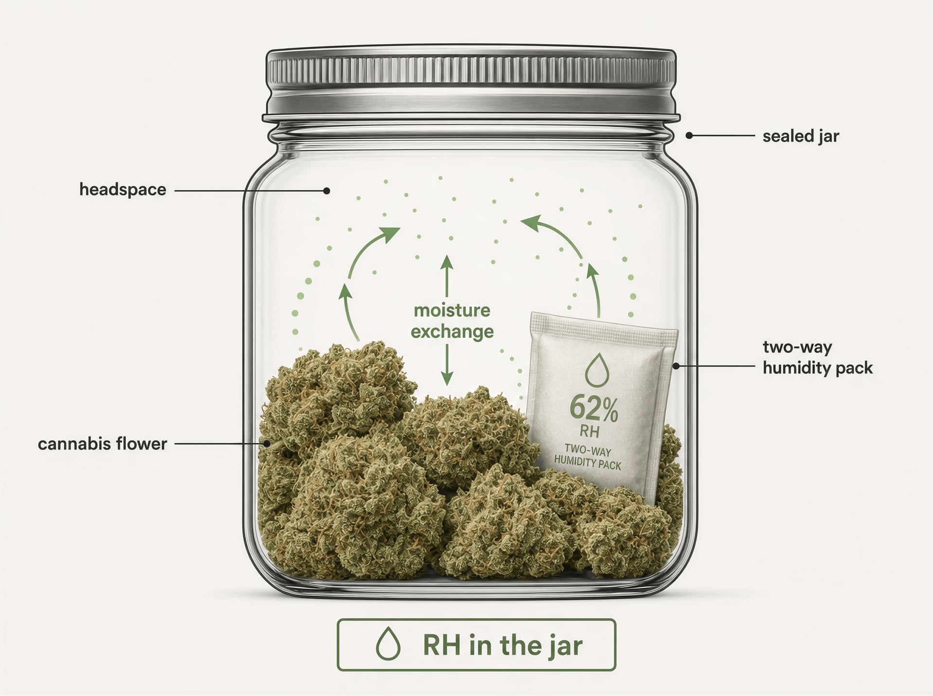 Schematic of a sealed jar showing moisture exchange between cannabis flower, headspace, and a humidity pack.