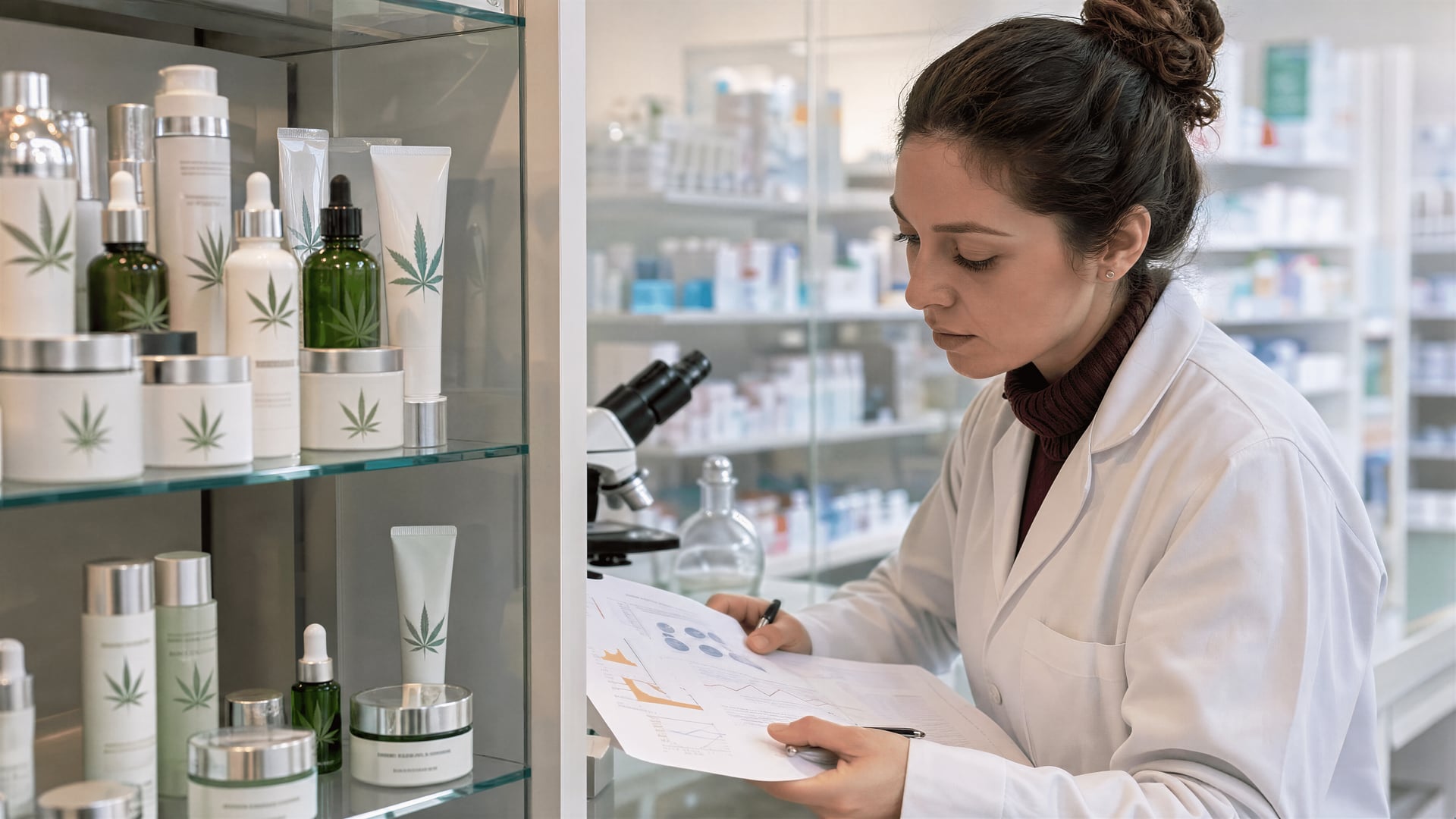 Apothekengestell mit CBD-Hautpflegeprodukten neben dermatologischen Forschungsnotizen