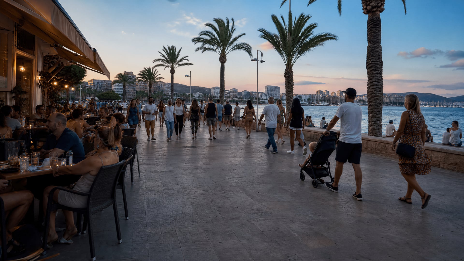 Palmanova waterfront at dusk with cafés, pedestrians, and cannabis social club atmosphere