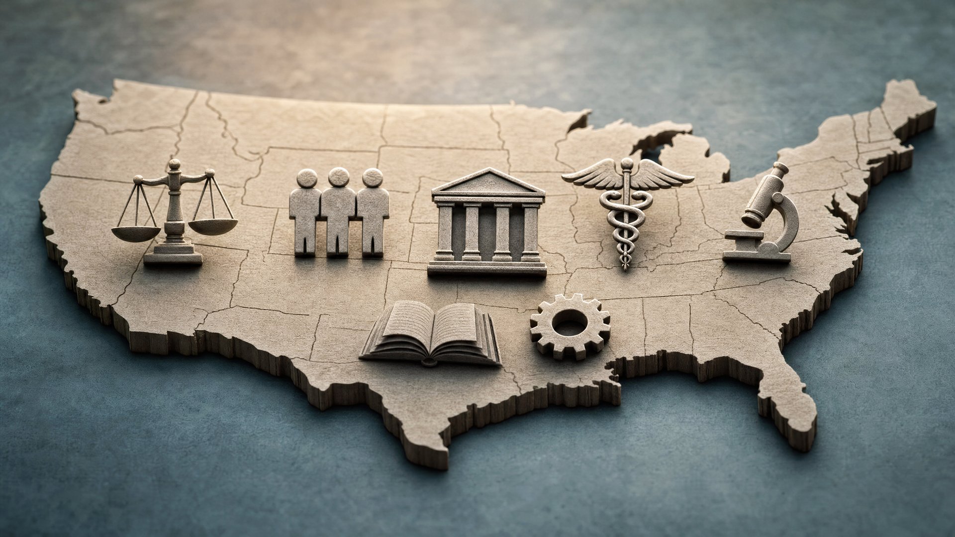 Abstract map of the United States with policy and research symbols layered over it.