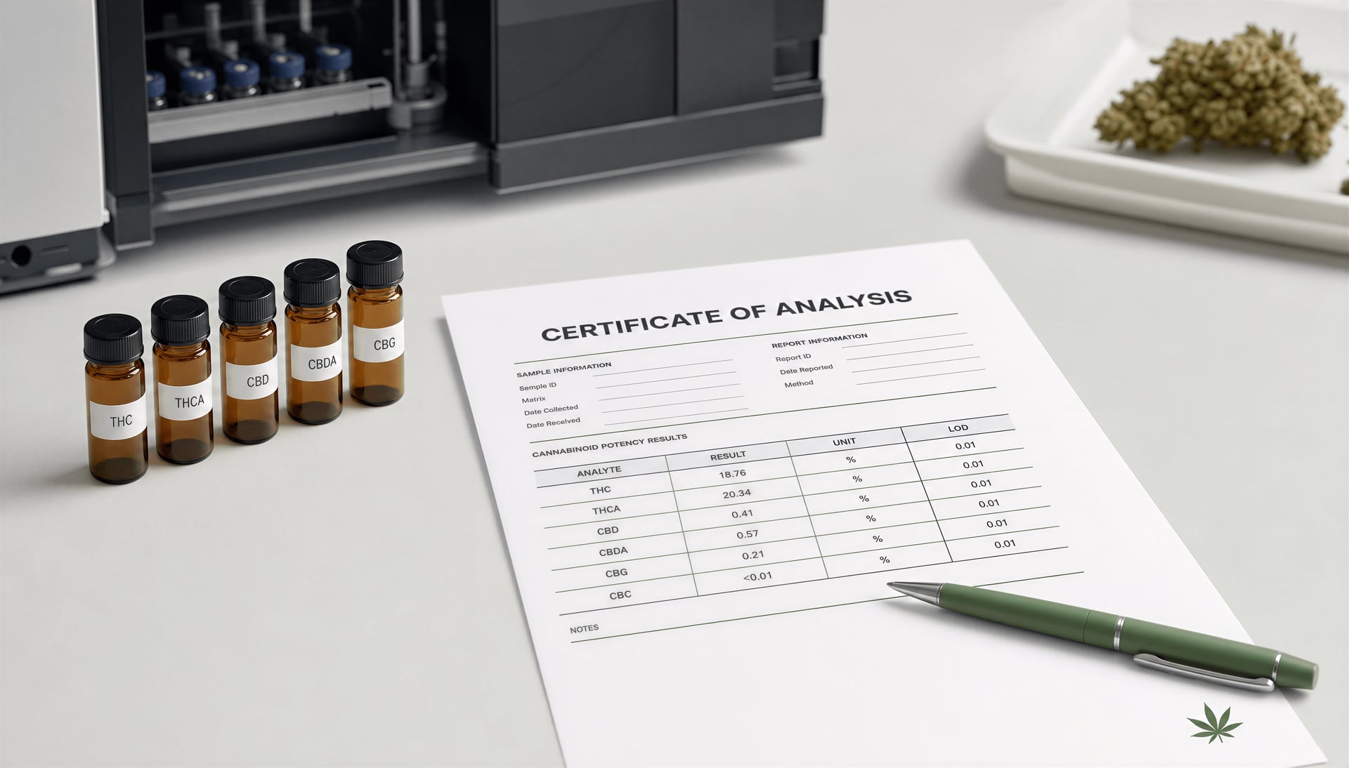 Studio photo of cannabis lab samples beside a report listing common analytes