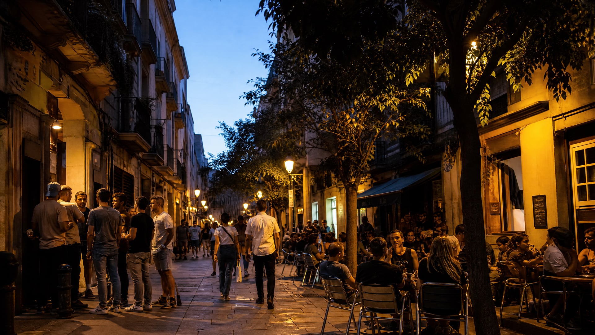 Evening Ramblas in Catalonia with local life and cannabis club context