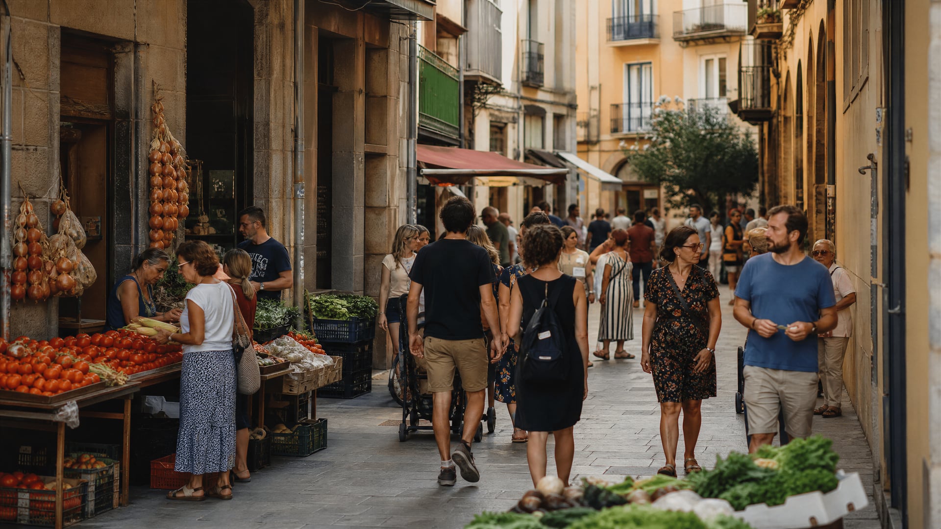 Girona market street with locals and daily life near cannabis club culture