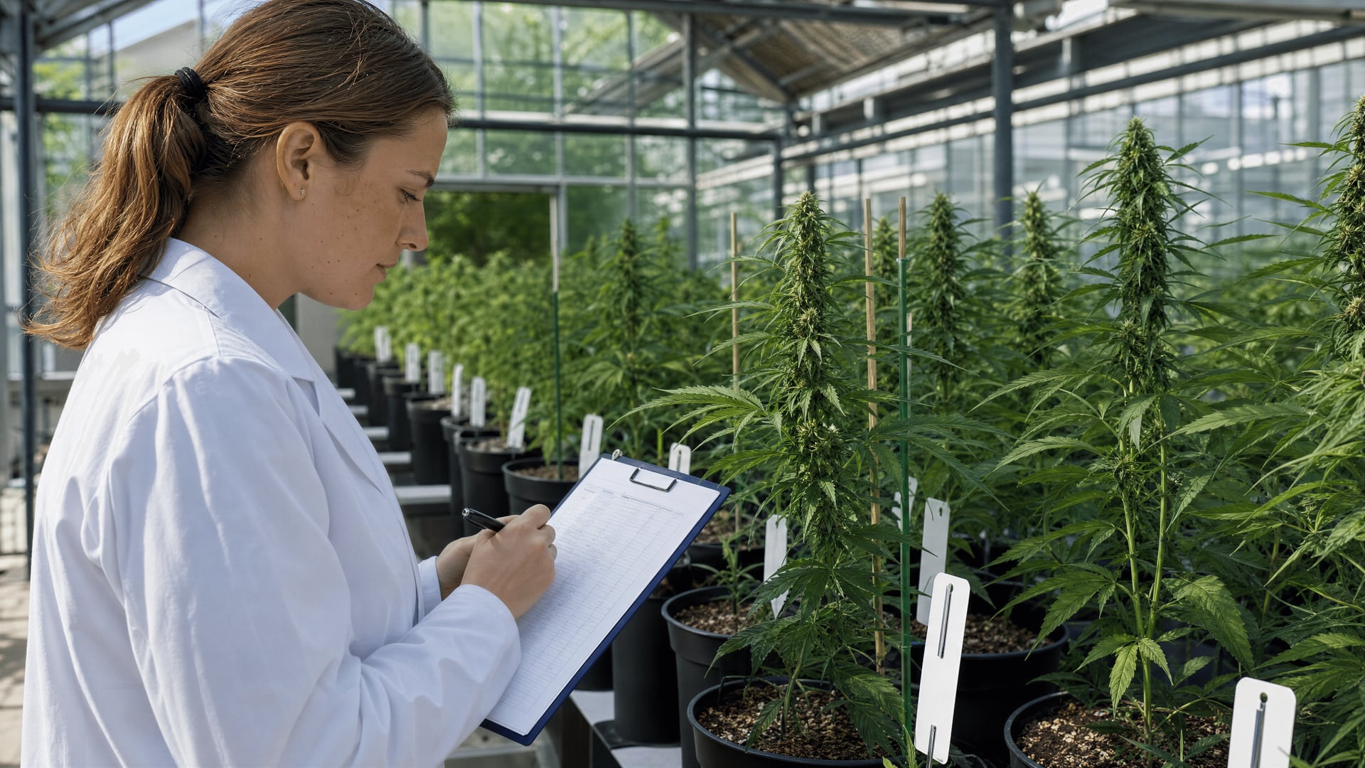 Cannabis research greenhouse with labelled plants and measuring tools