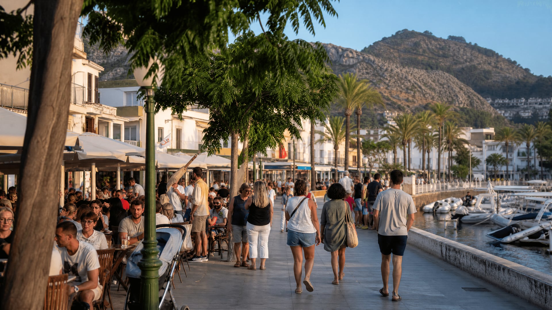 Port de Pollença street life near el Moll and the waterfront promenade