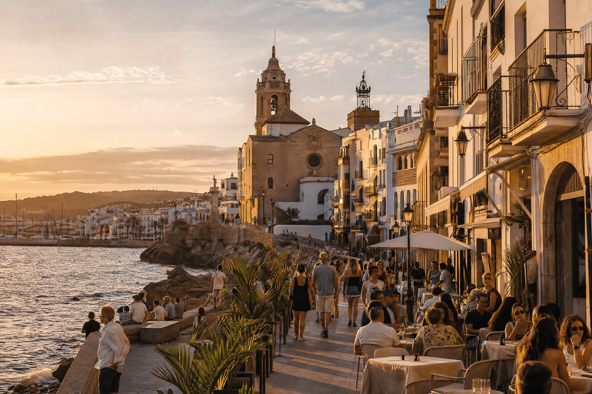 Evening Sitges waterfront street with cannabis social club context and local life