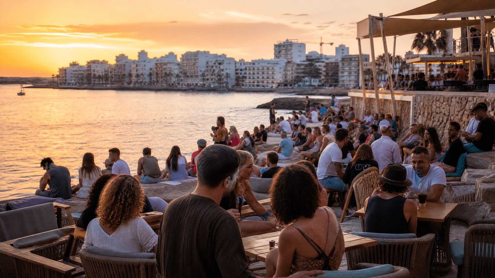 Esplanada à beira-mar de Sant Antoni de Portmany com multidões ao anoitecer e energia da vida nocturna local