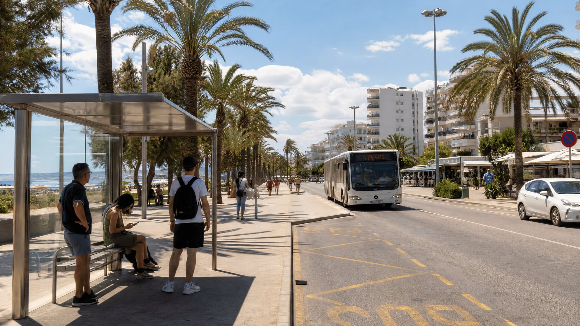 Playa de Palma’da gezinti yolu yakınında sahil otobüs durağı ve kıyı trafiği