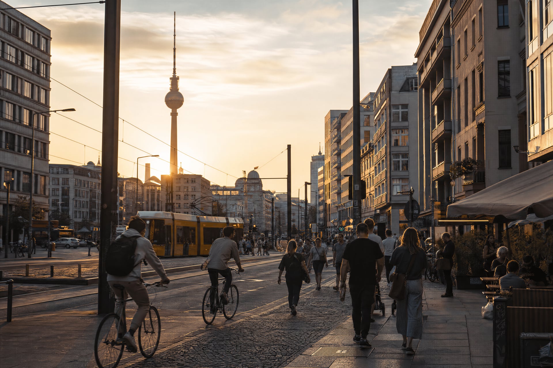 Dusk avenue in Germany with cannabis social club context and everyday neighborhood life