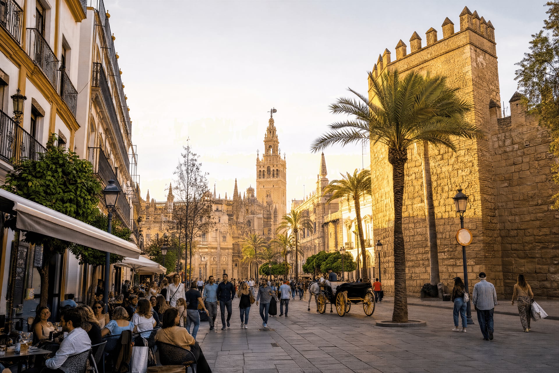 Historic Seville plaza with cannabis social club context and everyday street life