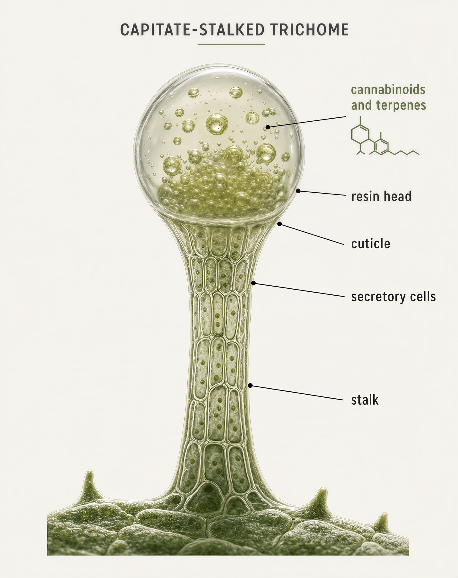 Diagram of a cannabis glandular trichome with labelled resin head, stalk, and secretory structures.