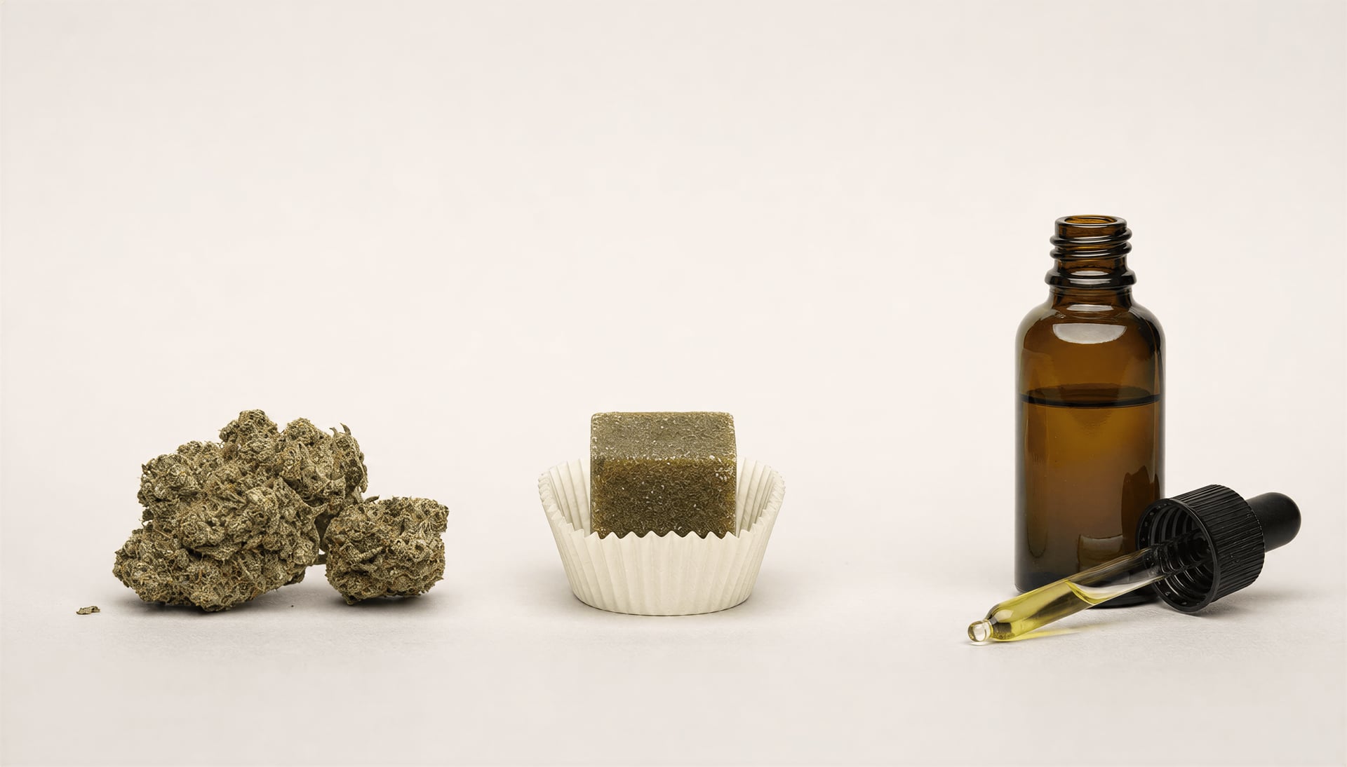 Flower, an edible, and a tincture displayed side by side as different cannabis dosing routes.
