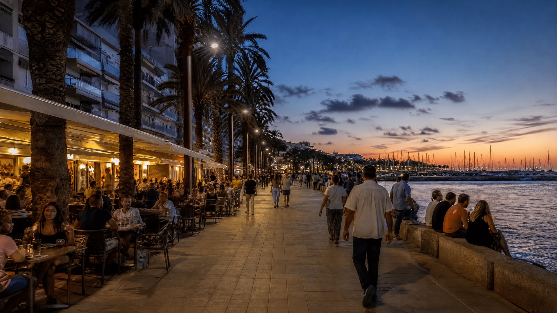 Paseo marítimo de Cambrils con vecinos, cafés y contexto de la cultura de clubes vespertina