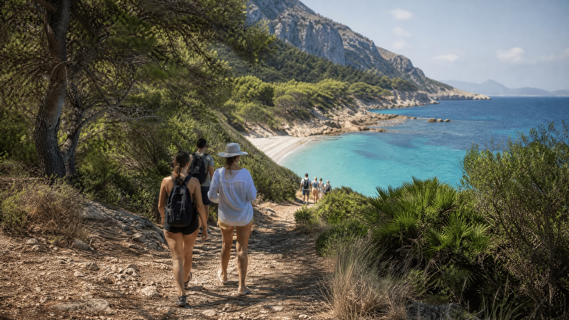 Promeneurs près de Cala Murta avec la côte de Formentor et le contexte des clubs