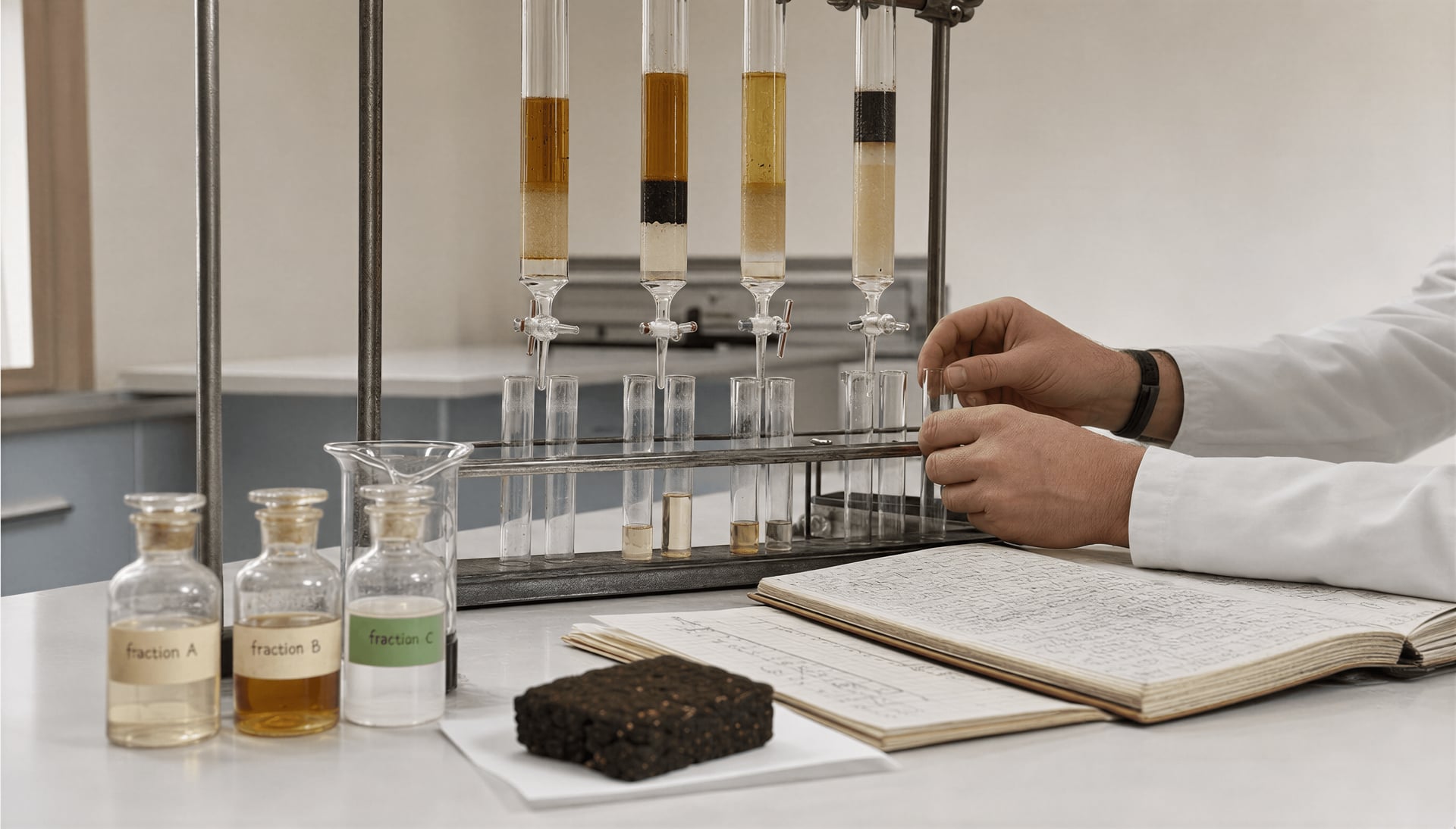 Laboratory recreation of early THC isolation using glass chromatography columns and sample vials.