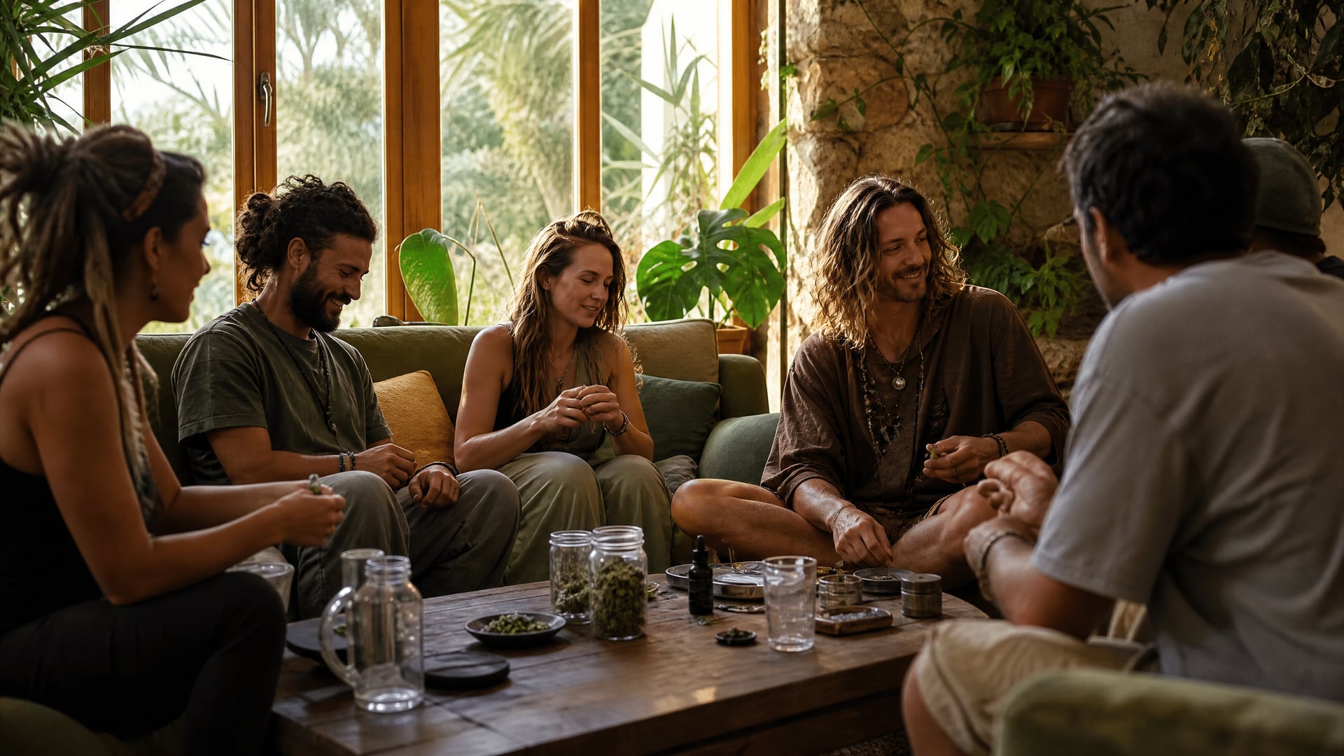 Salle privée de club social de cannabis avec canapés et membres dans le contexte de Valldemossa