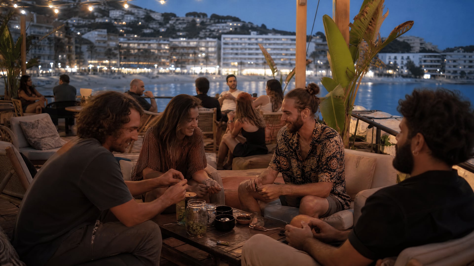 Santa Ponsa evening terrace with locals, lights, and cannabis social club mood