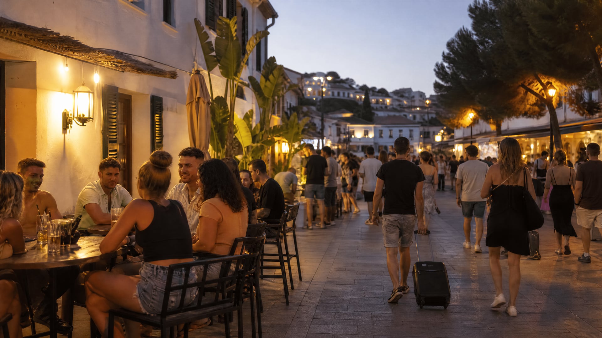 Rua de Calvià ao entardecer com cafés locais e contexto de clube social de canábis