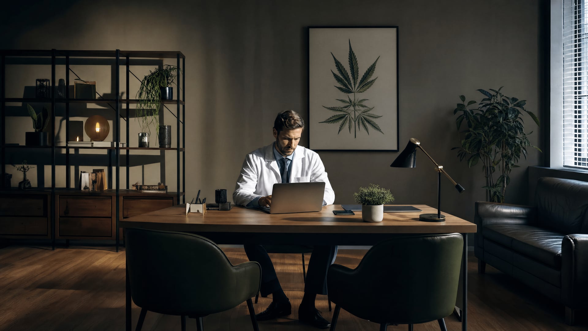 UK clinician reviewing medical cannabis prescriptions on a laptop in a private clinic office