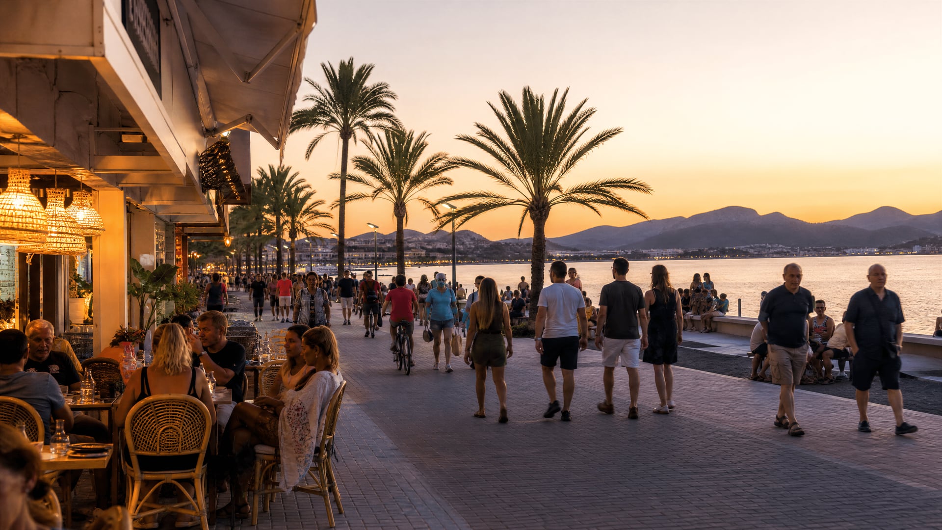 Waterfront evening in Playa de Alcúdia with everyday local club-scene context