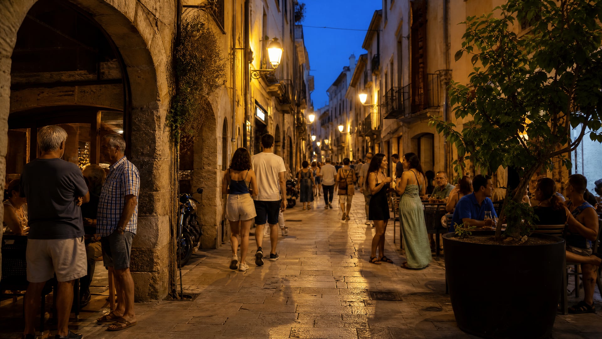 Calles empedradas en La Vila de Cambrils con vecinos y tránsito peatonal vespertino