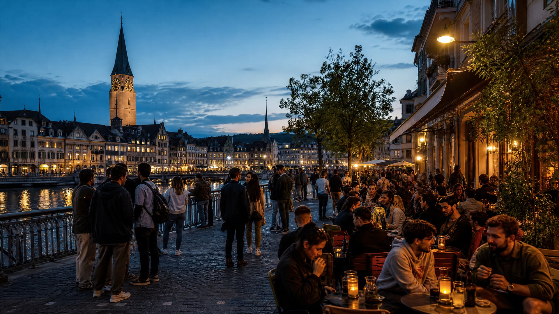 Swiss city square at dusk with nightlife and cannabis social club context