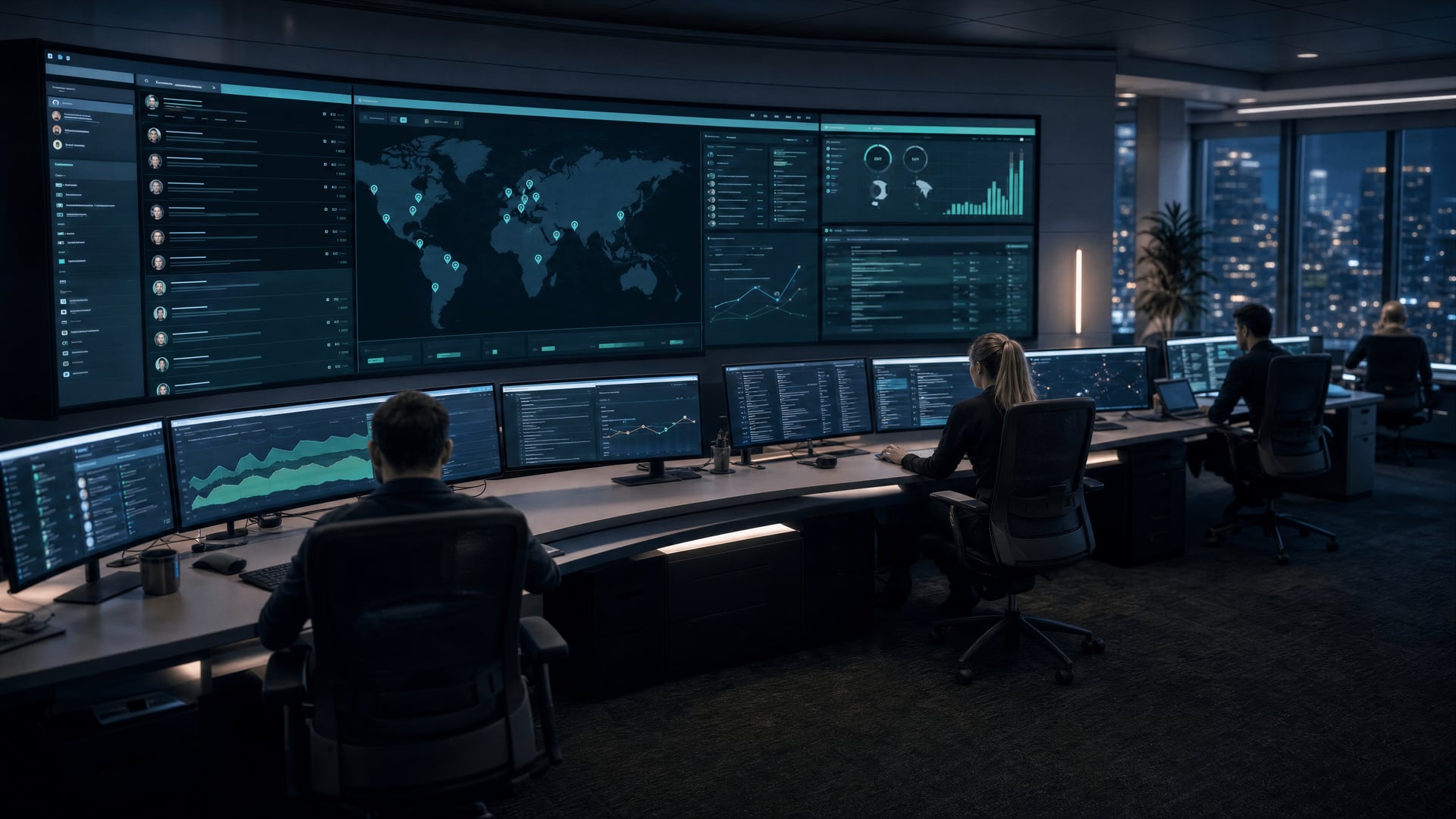 A wide modern operations workspace with multiple large screens showing maps, listings and dashboards in a calm dark-themed interface.