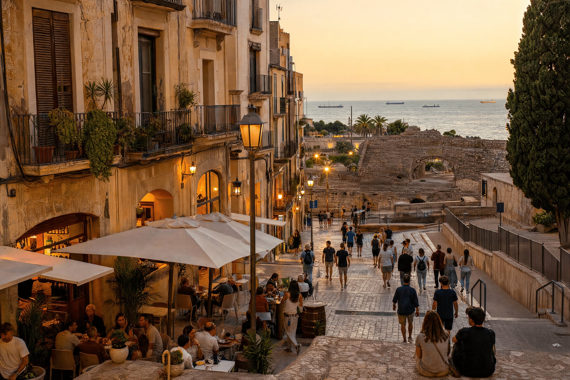Evening Tarragona historic center with cannabis social club context and lively local streets