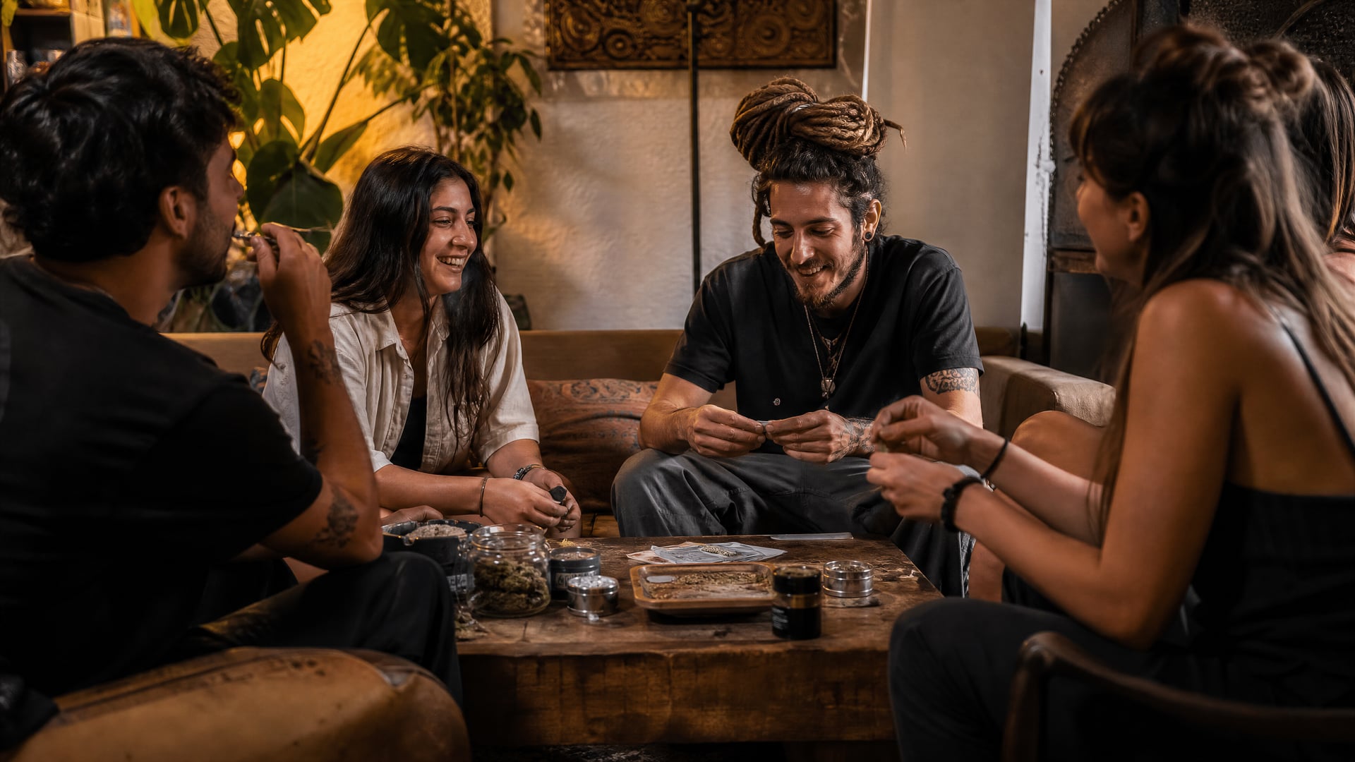 Cozy Seville cannabis social club lounge with members gathered around a low table