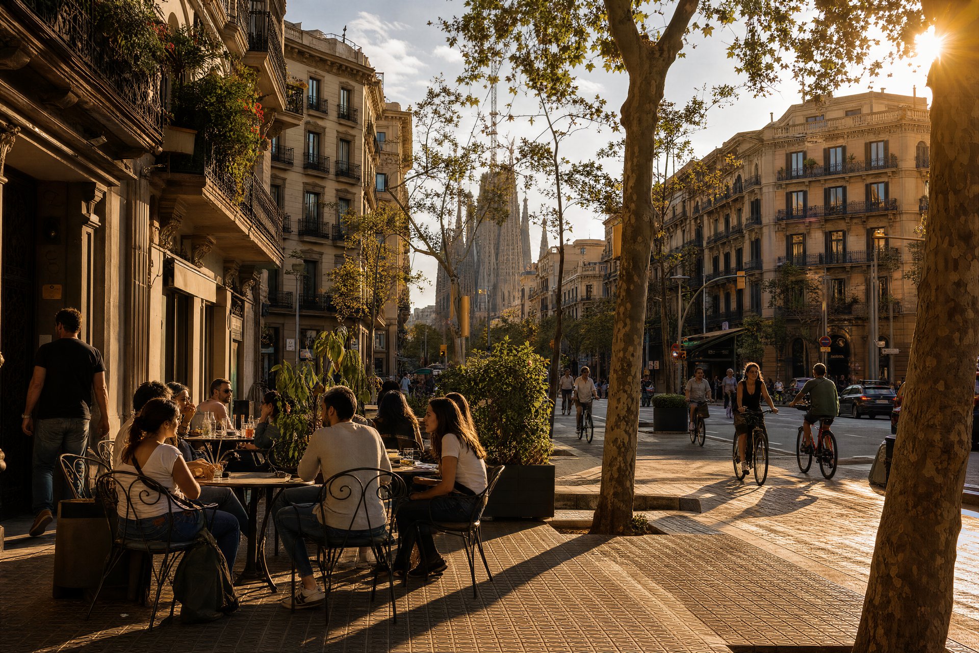 Barcelona Eixample streetscape for cannabis social club readers, with local life and architecture