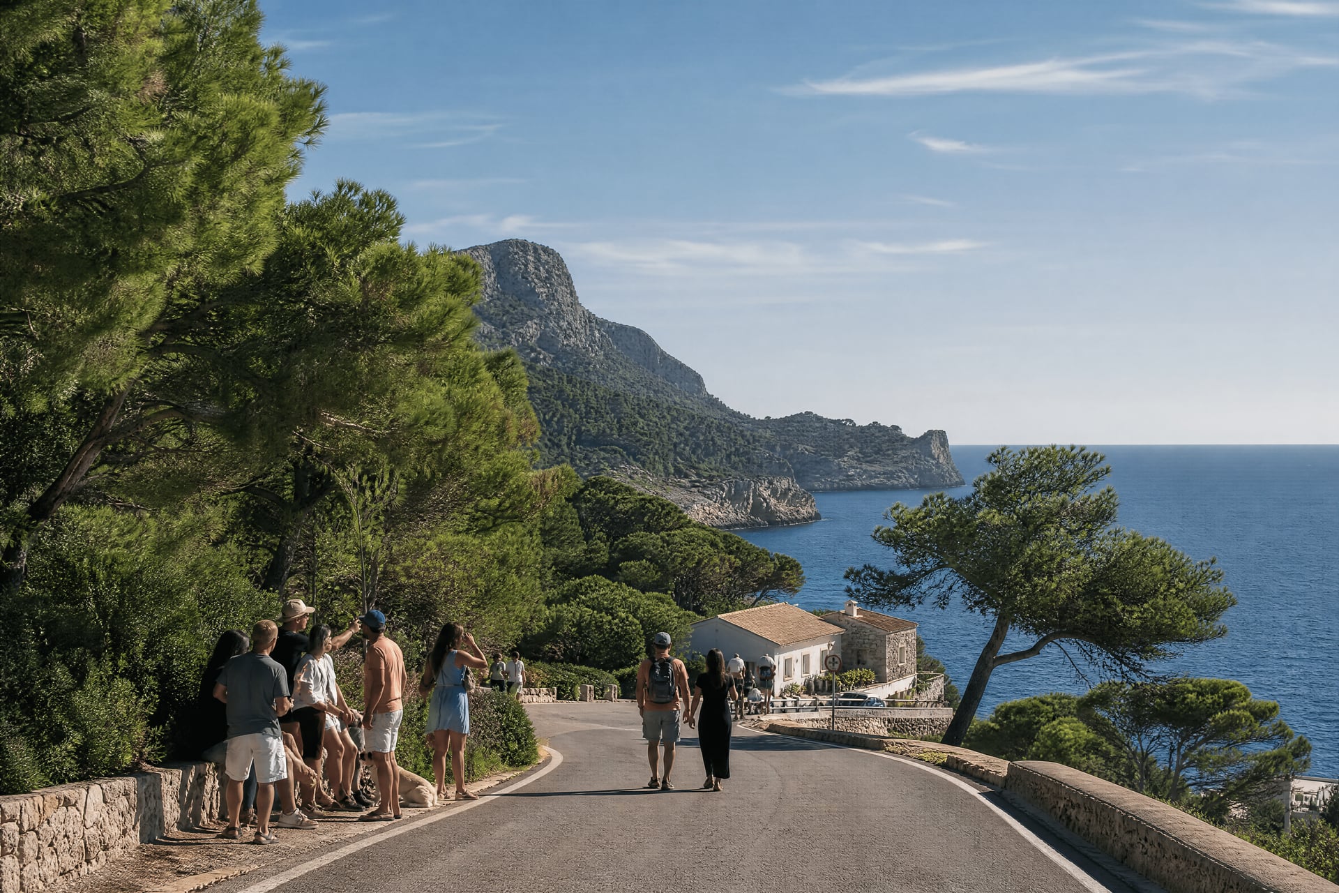 Formentor coastline and cannabis social club guide context, with local road life and headland views