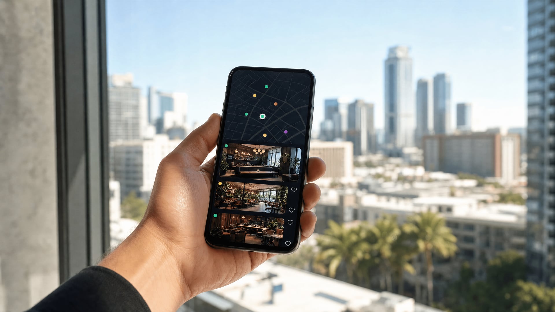 A modern smartphone held up showing a cannabis club directory app, with a bright window and city skyline softly blurred behind it.