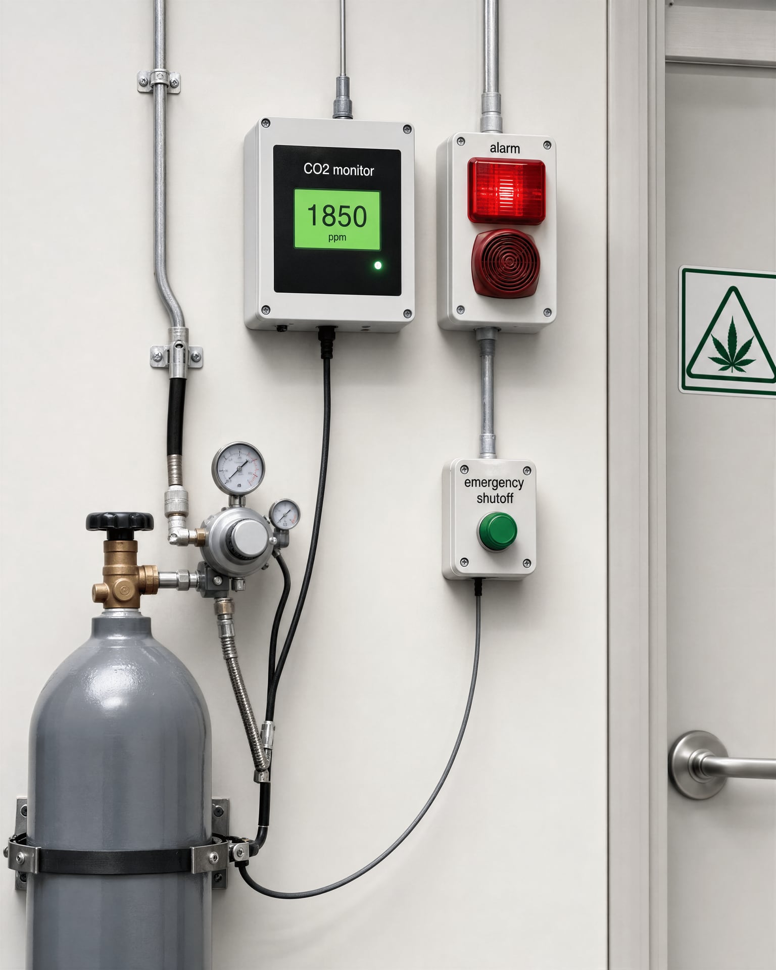 CO2 monitor, alarm, emergency shutoff, and secured gas cylinder in a grow facility