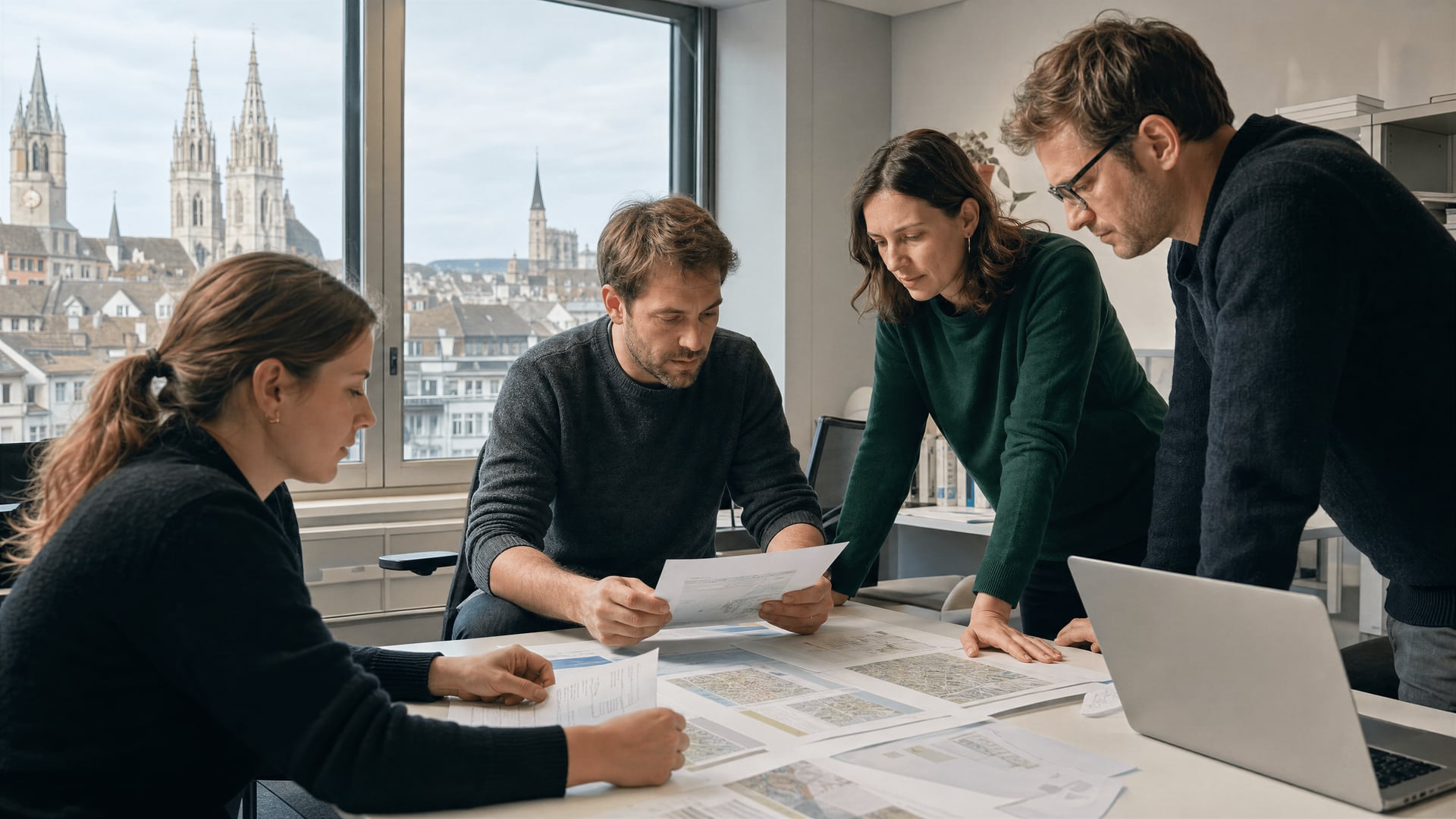 Swiss researchers reviewing St. Gallen cannabis pilot documents at a university office