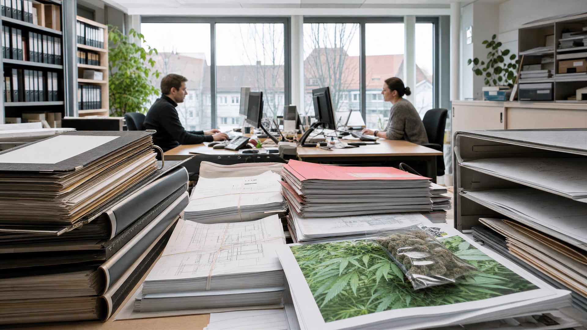 A Bavarian administrative office desk with building permit files and cannabis club paperwork.