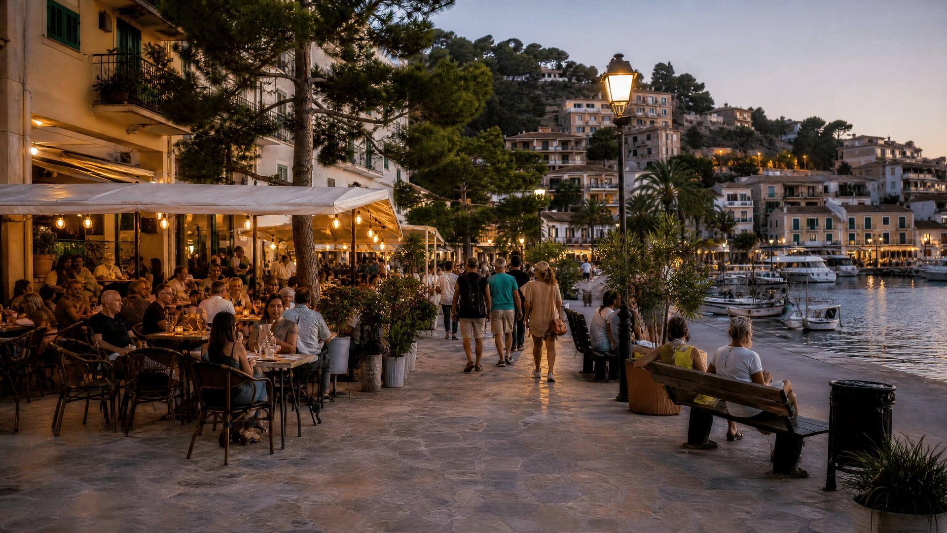 Havenpromenade in Port de Sóller, met lokaal avondleven en context voor cannabisclubs