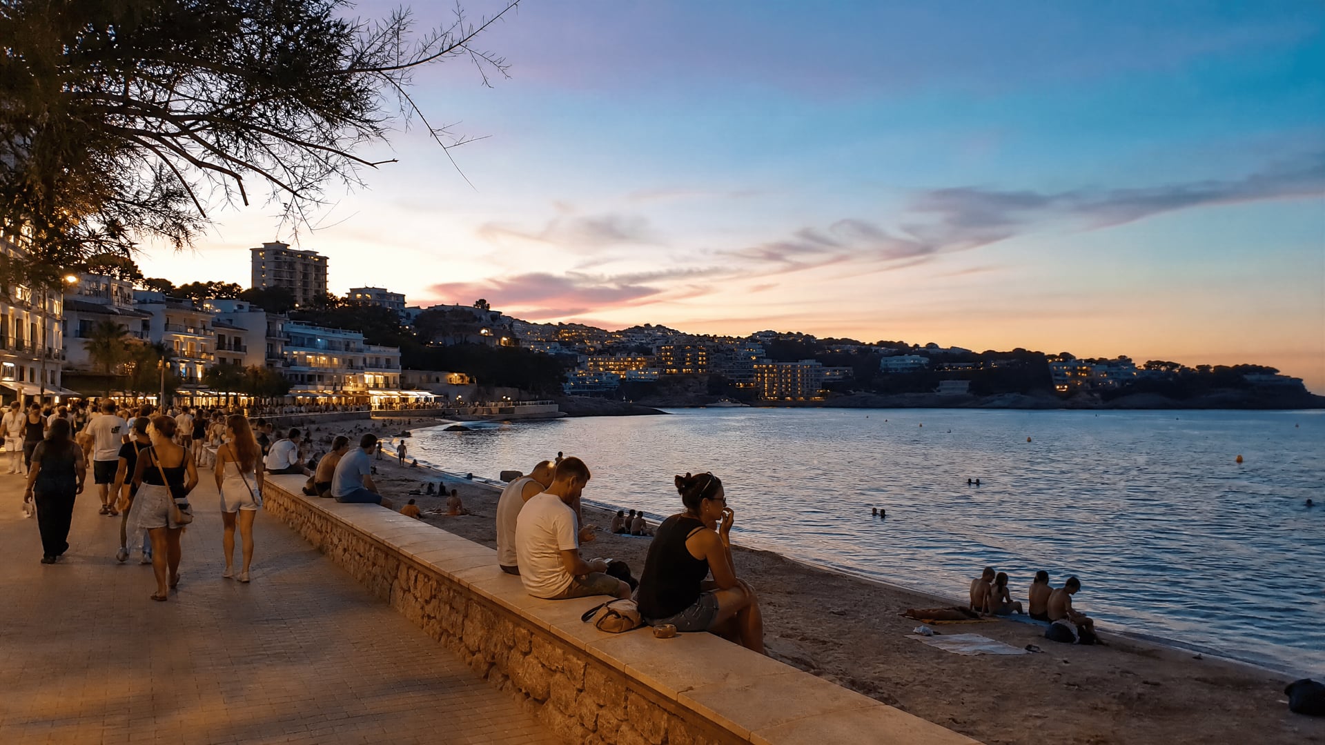 Litoral de Calvià ao entardecer com bairros e contexto de clube social de canábis