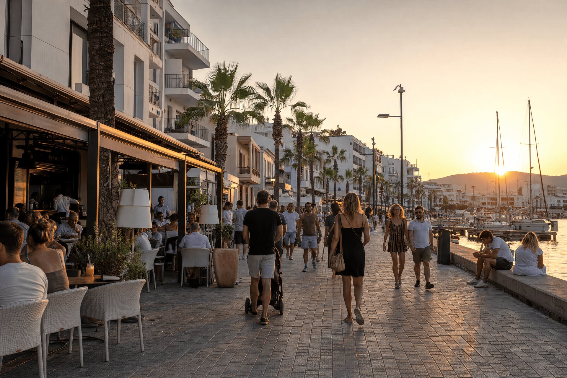 Sant Antoni de Portmany bay promenade with cannabis social club context and evening walkers