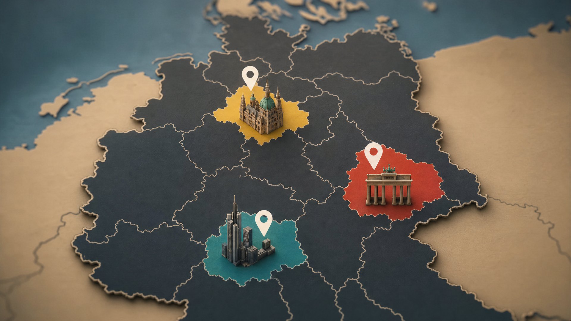 Editorial map of Germany highlighting Berlin, Frankfurt and Hannover with policy markers.