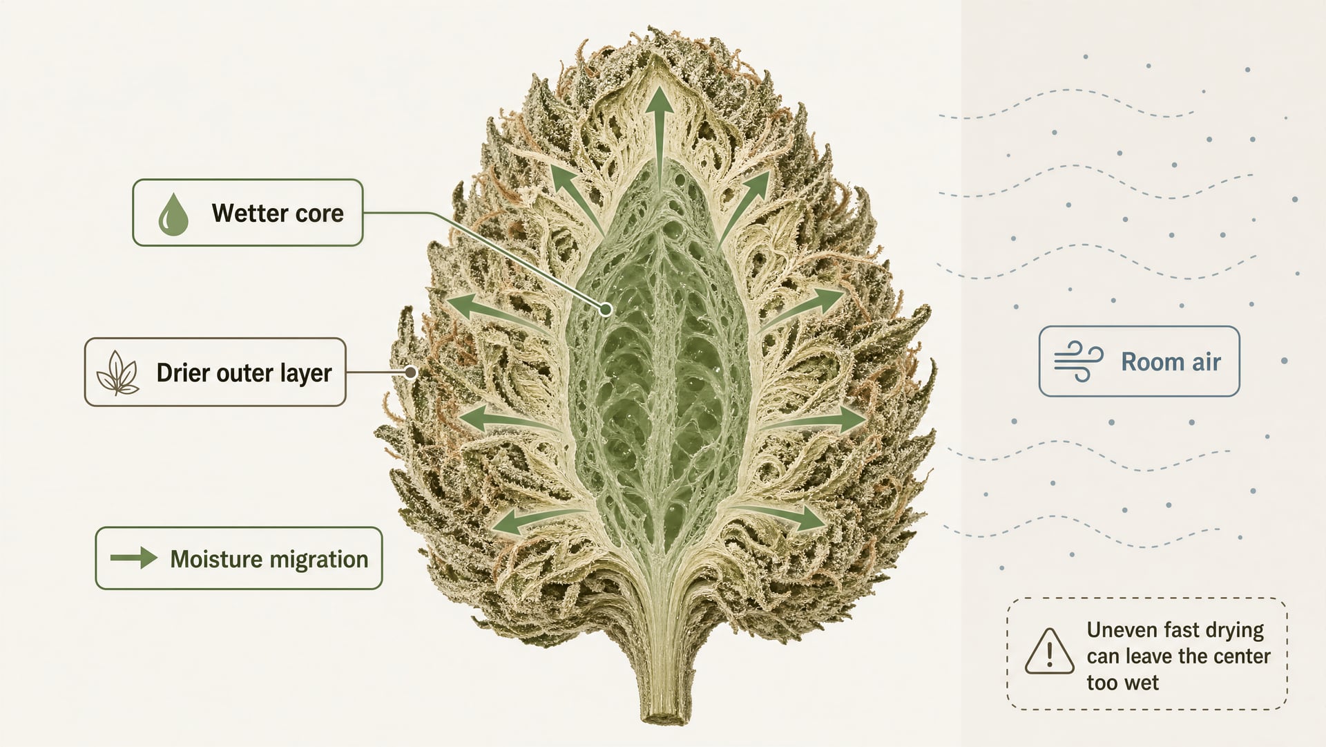 Diagram showing moisture migrating from the center of a cannabis flower to the outer layers during drying