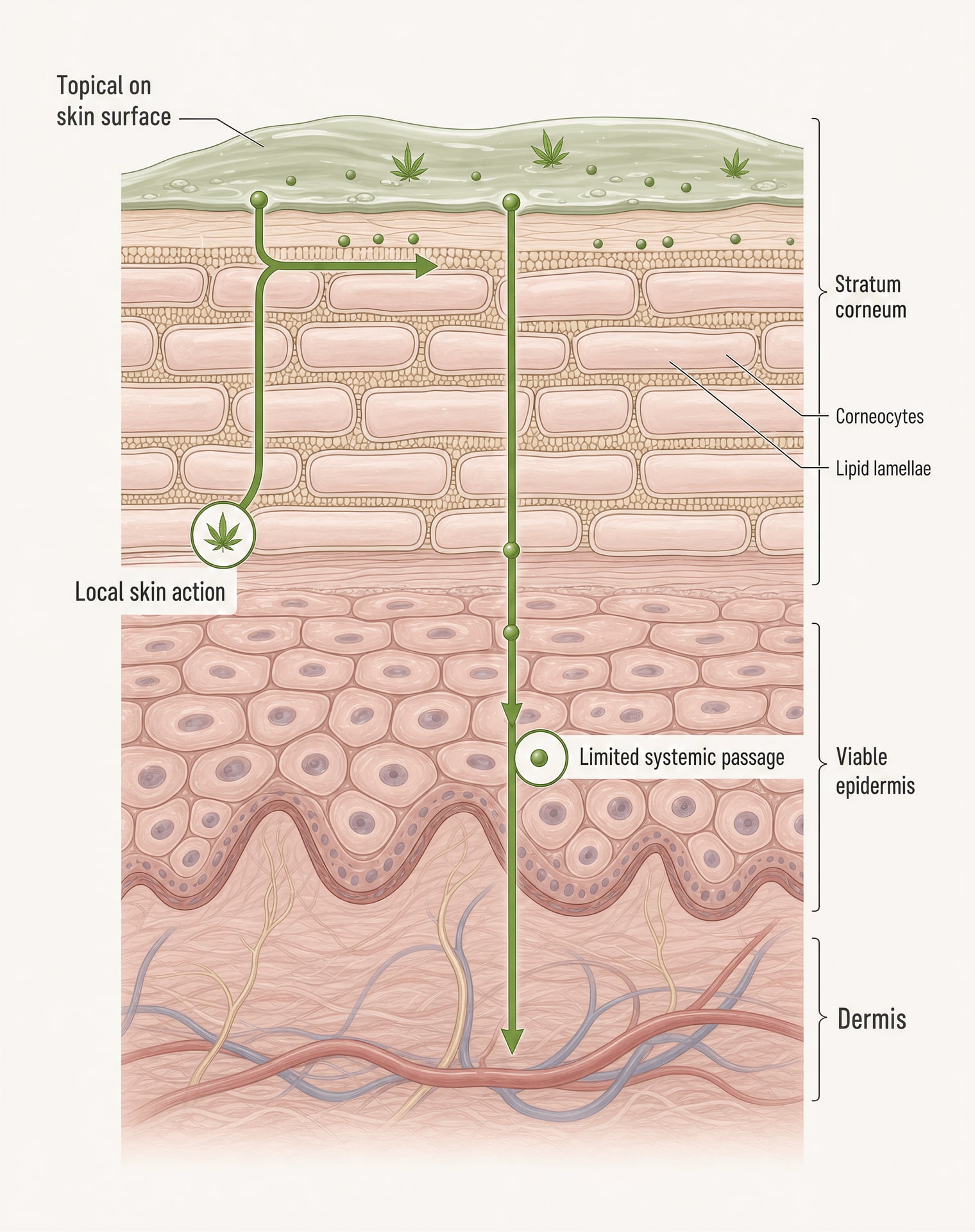 Schematic of the stratum corneum blocking most cannabinoid movement through skin