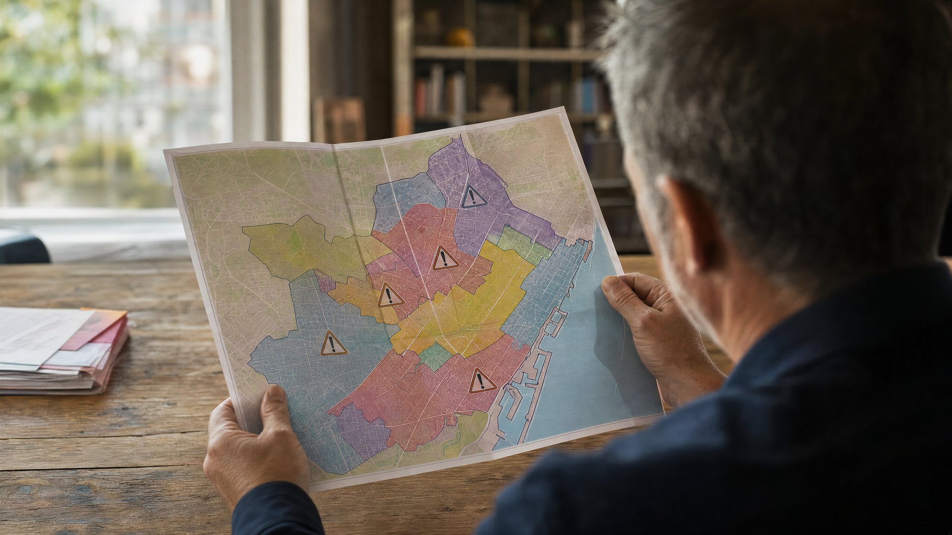 Map-like editorial illustration of Barcelona districts, municipal licensing markers, and legal warning symbols.