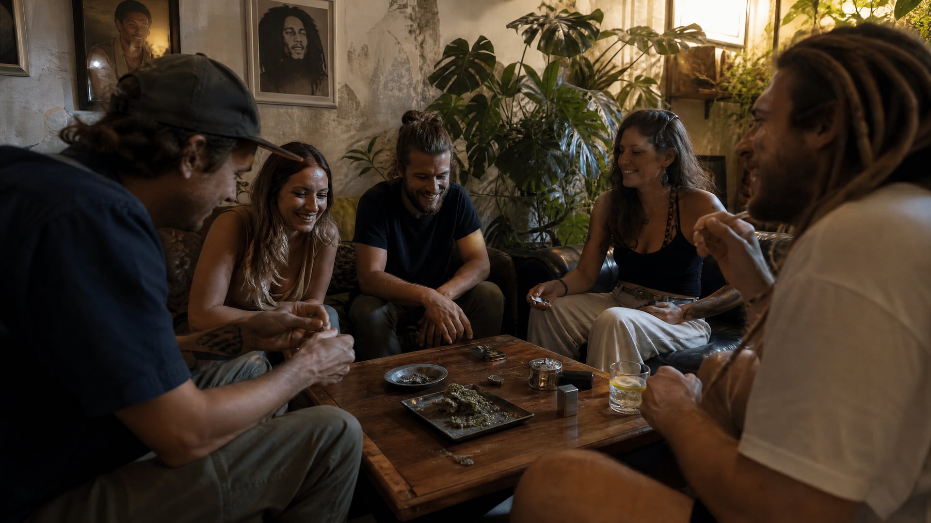 Cosy Puerto de Alcúdia cannabis social club lounge with members talking quietly