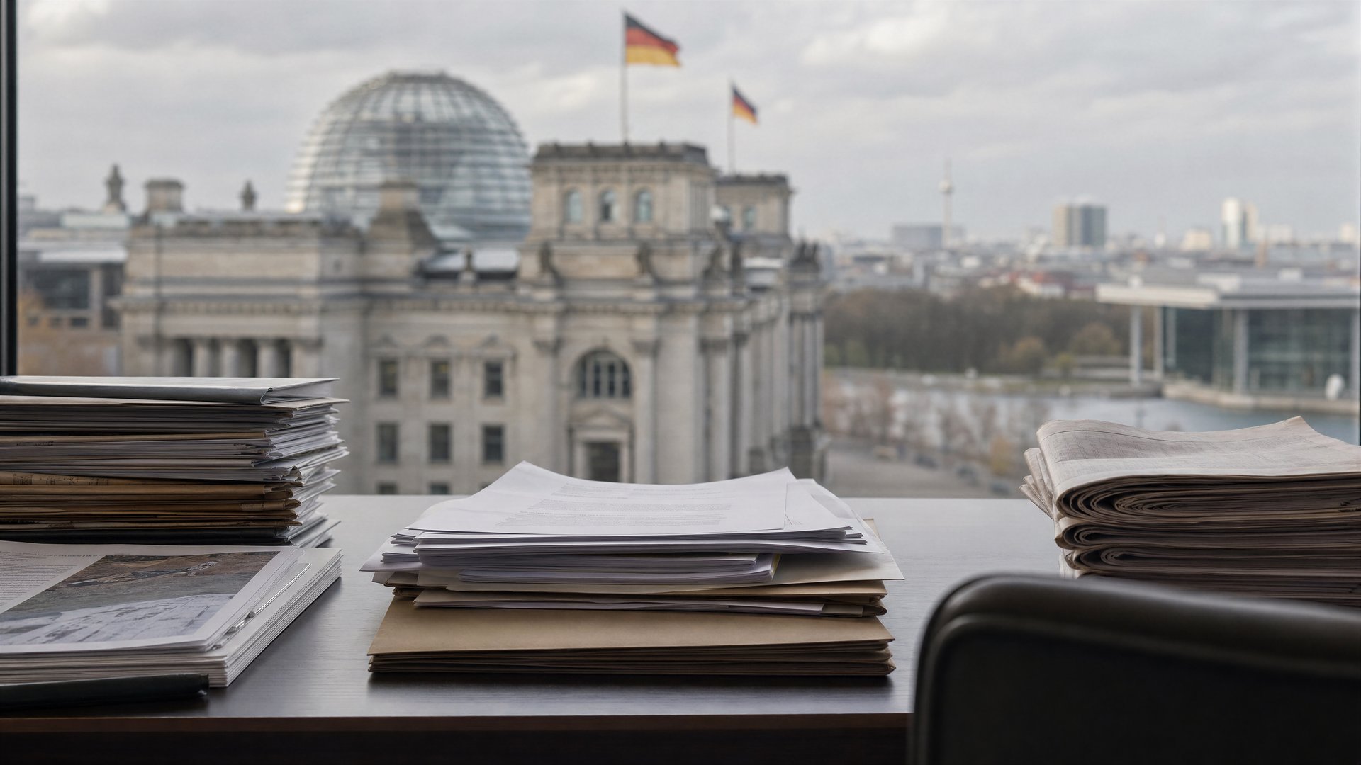 German parliament building with policy papers on a desk in a neutral editorial scene.