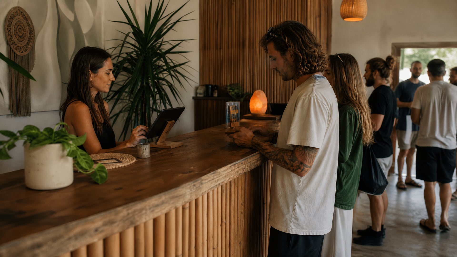 Ibiza cannabis social club reception with members checking in quietly