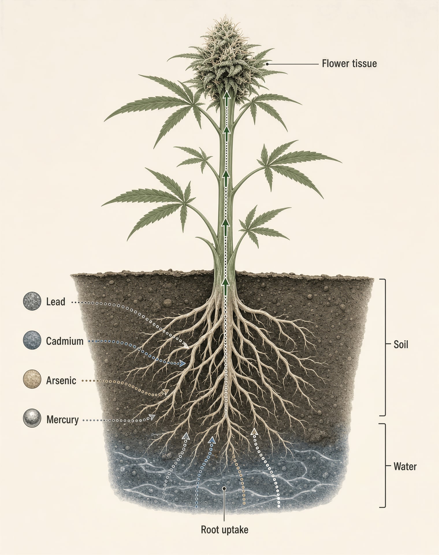 Illustration of heavy metals moving from soil into cannabis roots and flower