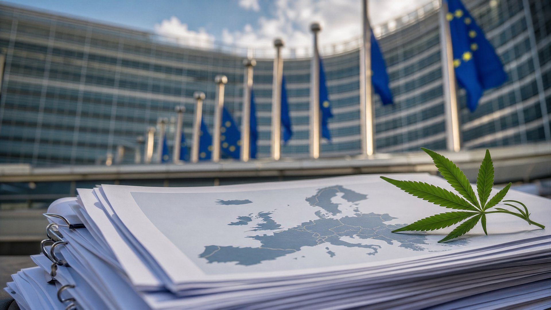 Abstract Brussels-style government building with documents and a map of Europe.