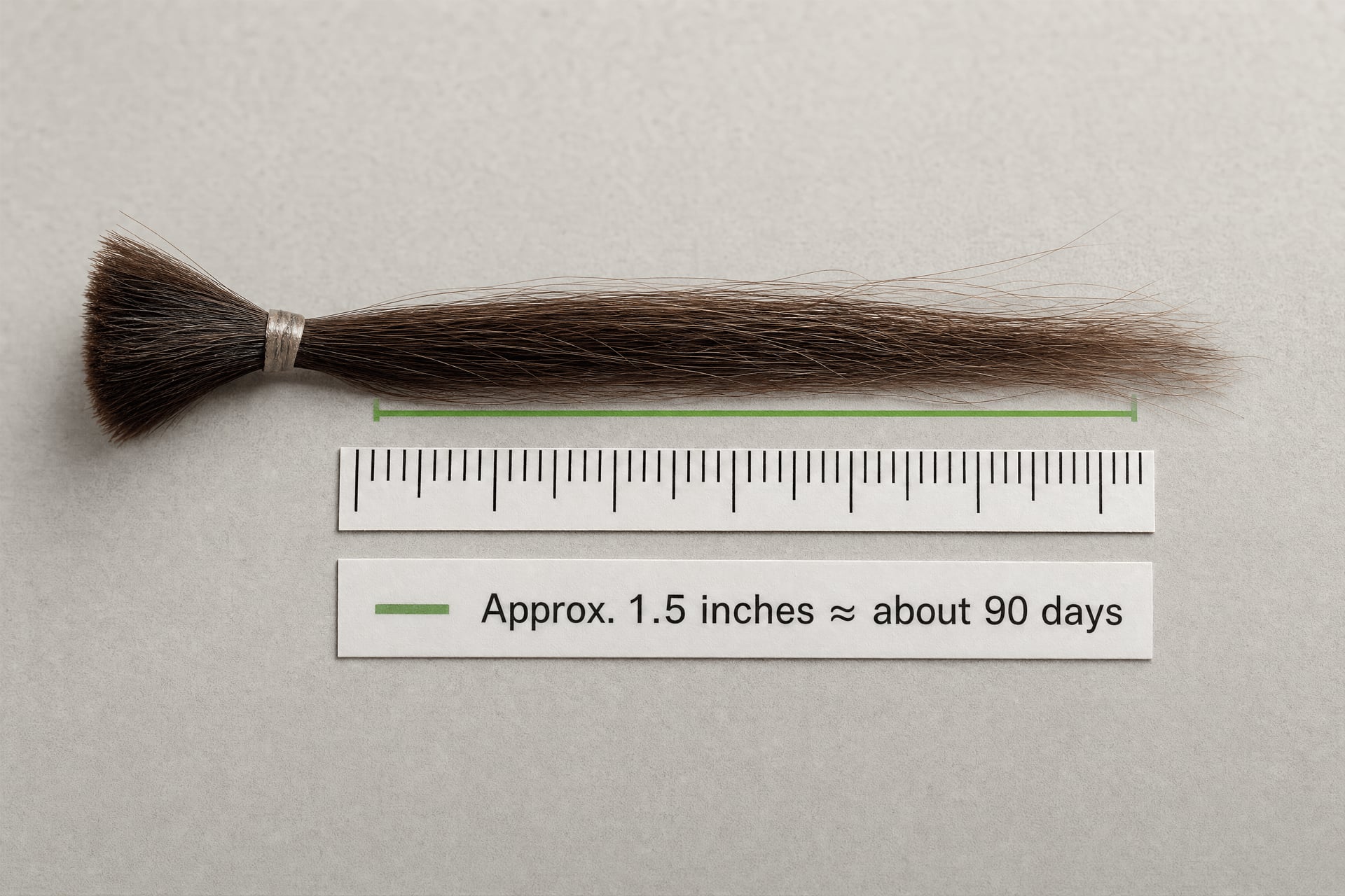 Hair sample next to a scale marking an approximately 1.5-inch testing segment