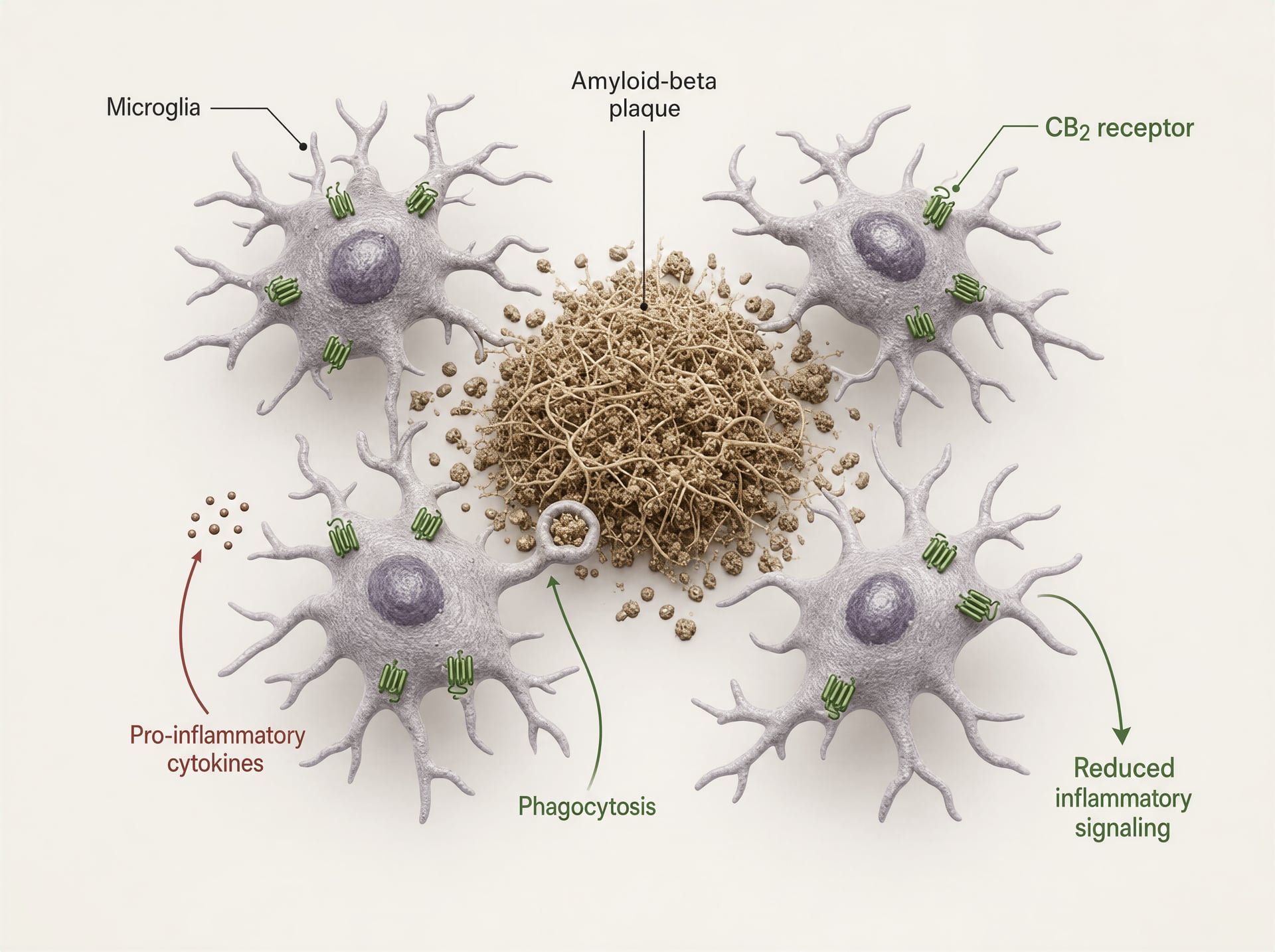 Schematic of microglia around an amyloid plaque with CB2 receptors highlighted.