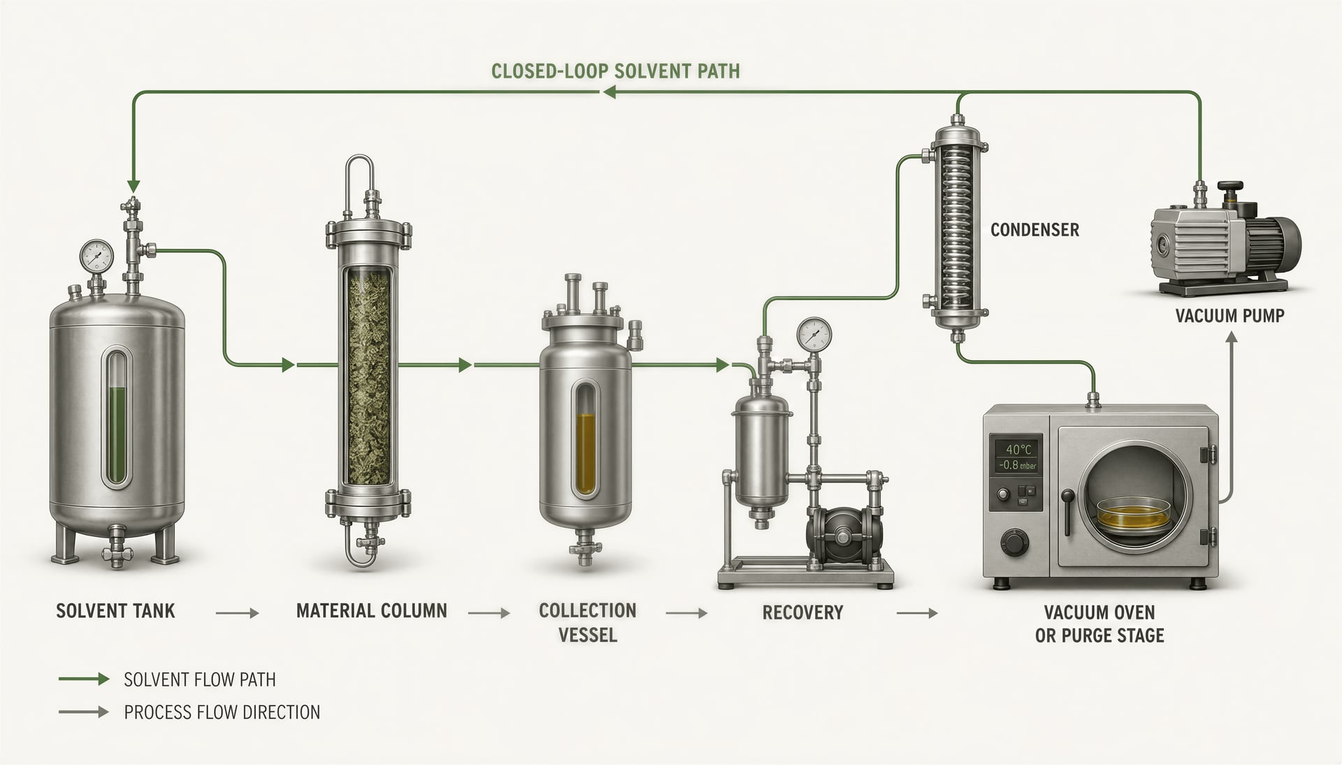 Schematic of a closed-loop cannabis hydrocarbon extraction system with labelled chambers and solvent recovery path.